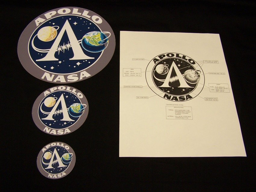 Apollo Decal Collection and Patch Specifications: Lot of 3 unused decal stickers and a patch specification sheet original period items From the estate of a Joel H. Taft a 40 plus year veteran of Grumman Aerospace Corporation