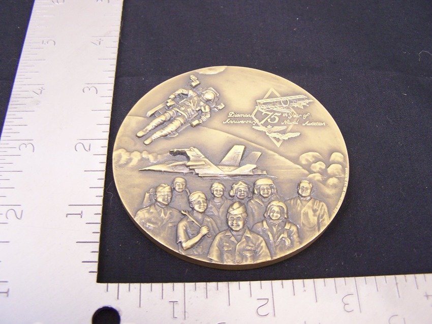 Large Bronze Coin 75th Year of Naval Aviation: 3 in diameter solid bronze beautiful high relief work that truly captures the theme From the estate of a Joel H. Taft a 40 plus year veteran of Grumman Aerospace Corporation