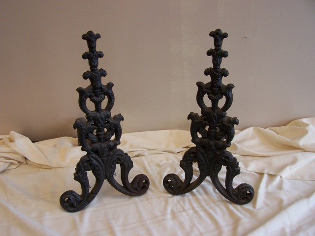 Impressive 19th Century Lithgow Cast Iron Andirons: Lithgow Medal Co floral scroll and bellflowers cast iron florat and inverted bellflower andirons on scroll feet late 19th century circa 1880-1900 front measures 20 in X 11 in at widest point and log h
