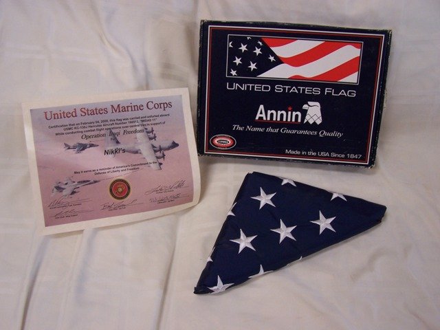 US Marine Corps Flown American Flag: Flown 3 X 5 American Flag that on February 04,2008 this flag was carried and unfurled aboard USMC KC-130J Hercules Aircraft Number 166512 Midas 11 while conducting combat flight operations over centra