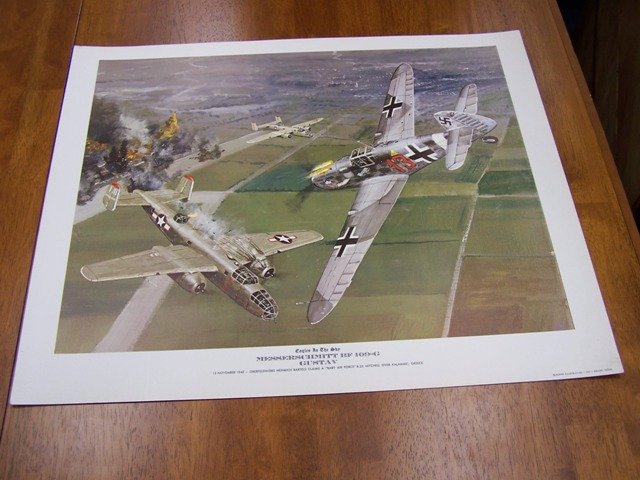 Nazi BF 109-G Gustav and B-25 Plane Vintage Art Print: Measures 19 X 23 in