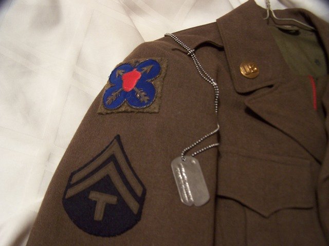 Named WW11 Field Wool Jacket 7th Army Gold Bullion: WW11 era Field Wool Jacket with dog tags and 3 rare bullion floss embroidered patches please see photos