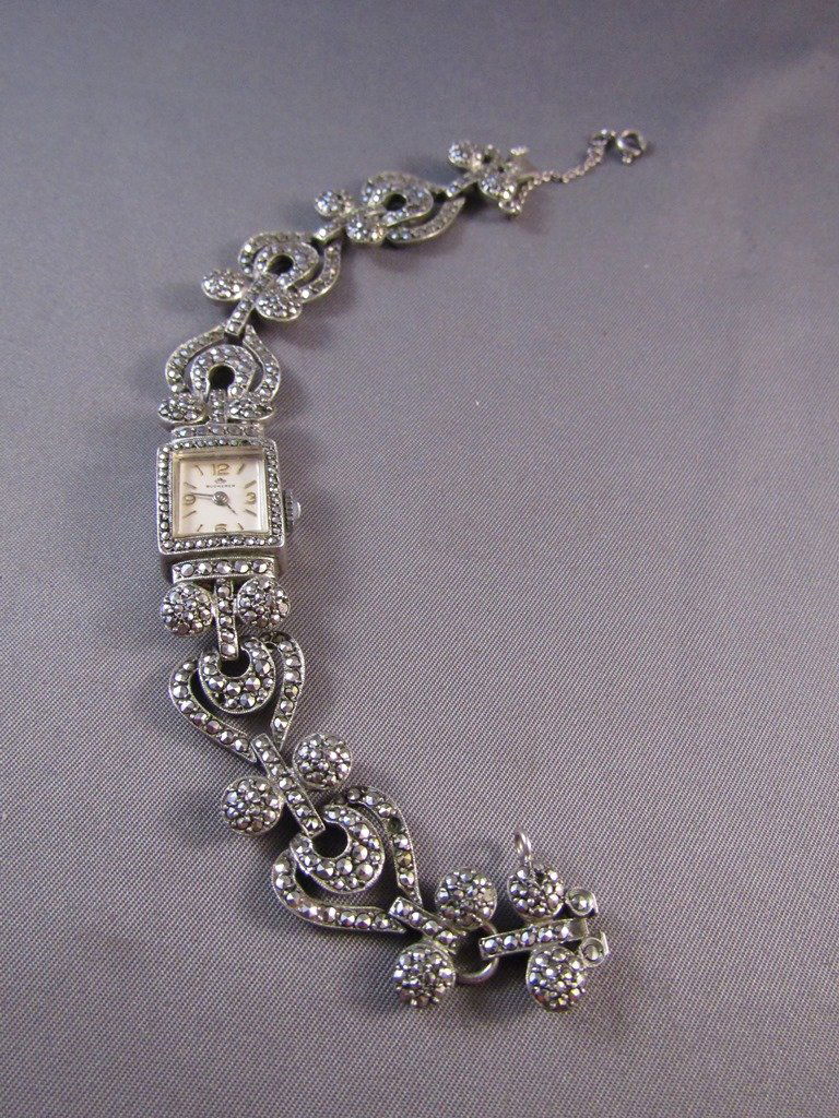Bucherer 800 Silver Marcasite Art Deco Watch Ladies: Wonderful art deco 800 silver ladies watch by Bucherer windup currently running please see photos truly a show stopper