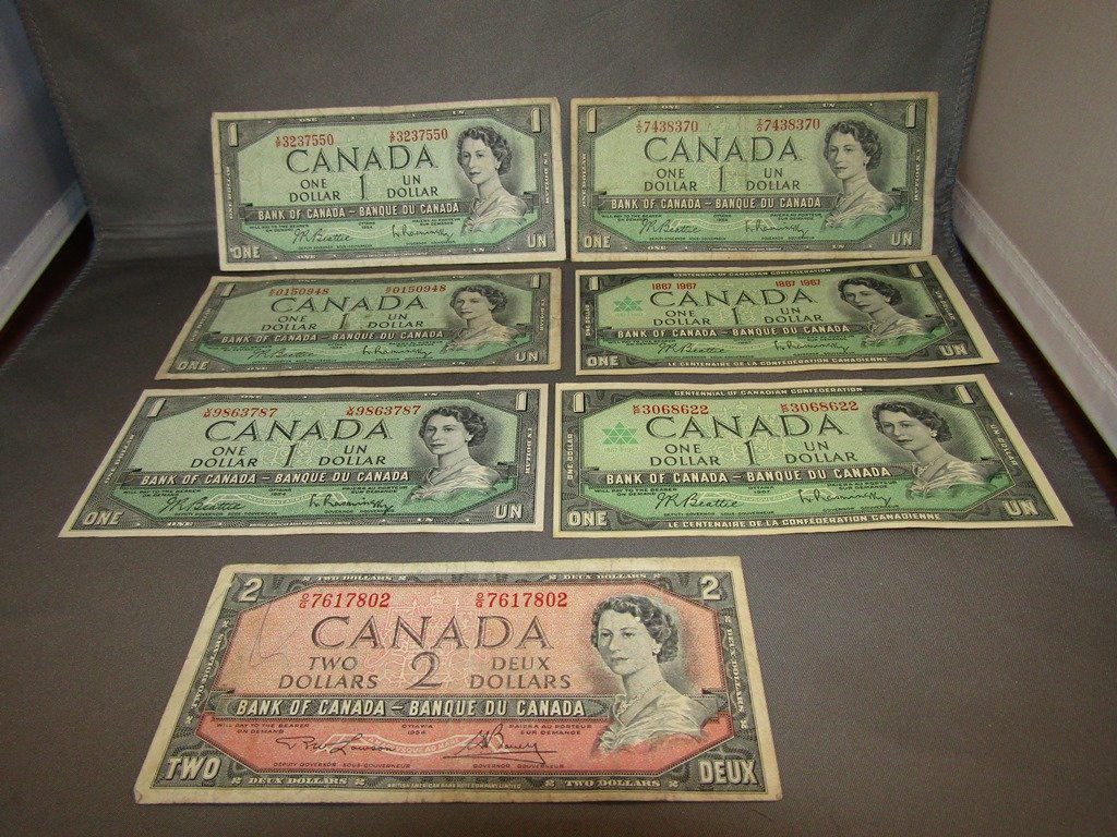 Canada 1 Dollar & 2 Dollar 1950's-1960's Collection: 7 bills please see photos