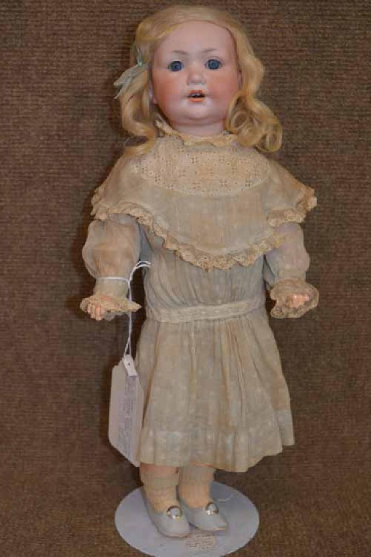 15" Bisque Head Mold 971 A0M, w/ JTD Compo Body: 15" Bisque Head Mold 971 A0M, w/ JTD Compo Body, Blonde mohair wig, blue O/C eyes, O/M w/2 teeth, wonderful faded blue dress, underwear, antique socks.
