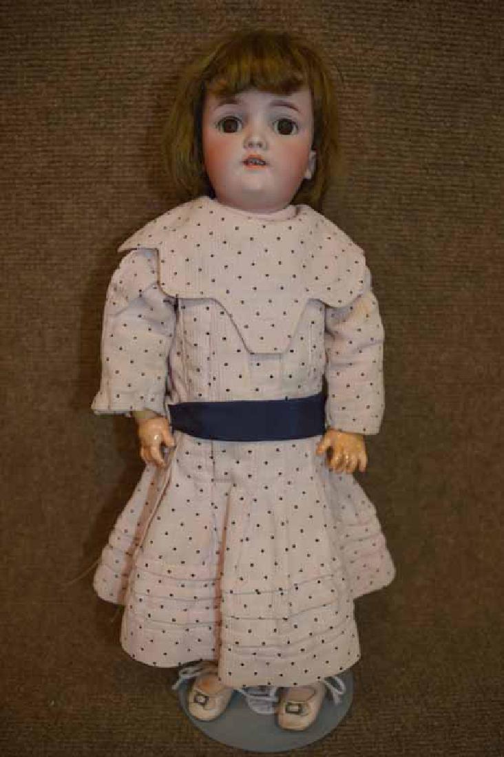 15 1/2" Bisque Marked 'Germany" HANDWERCK: 15 1/2" Bisque Marked 'Germany" HANDWERCK , socket head, on JTD compo body, brown sleep eyes, O/M, brown mohair wig, old undies, pink dress w/ black polka dots & navy blue sash, leather shoes.
