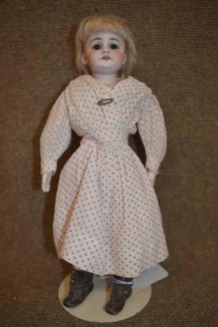 13" Mold 4.60 DEP X, Biaque Shoulder Head: 13" Mold 4.60 DEP X, Biaque Shoulder Head, O/C brown eyes, piercedears, cork pate, blonde mohair wig, kid body, bisque hands w/delicate fingernails,antique clothing & 2 button leather boots, red polka