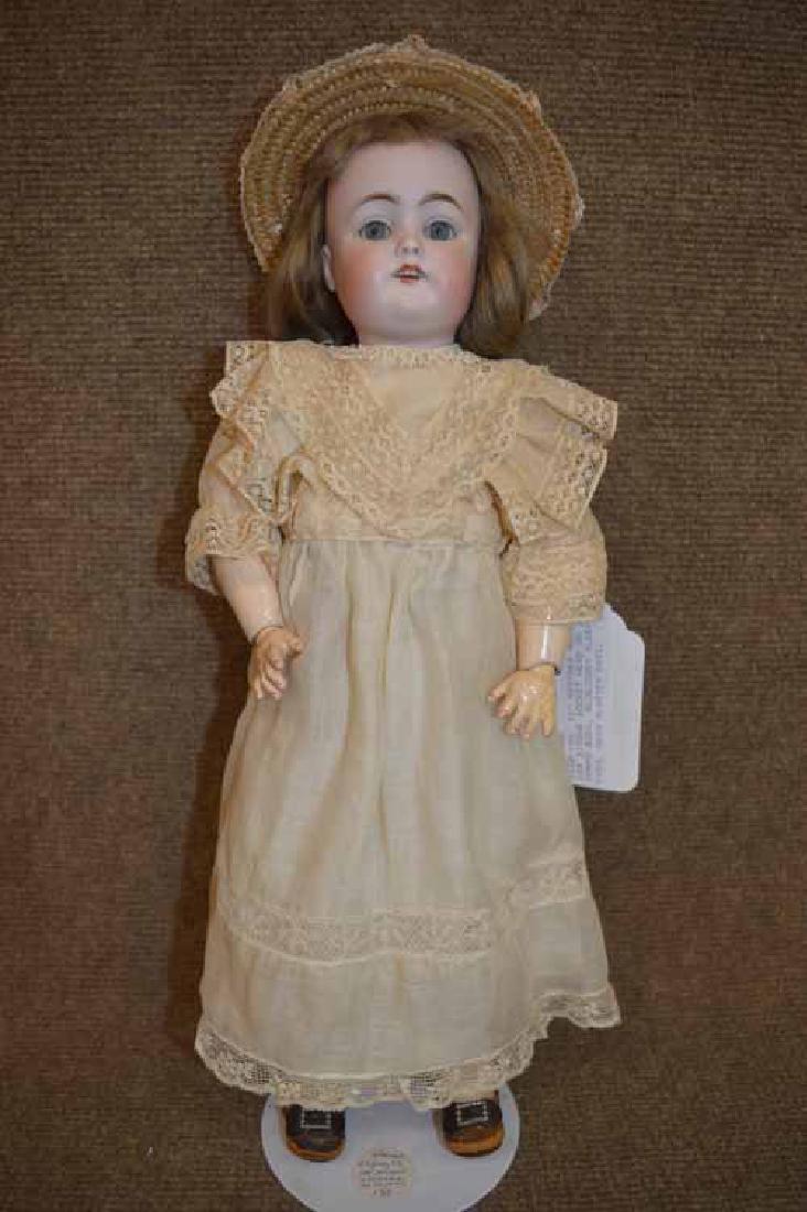 16" KESTNER Mold 168 Bisque Socket Head Doll: 16" KESTER Mold 168 Bisque Socket Head Doll on JTD compo body, blue/ grey sleep eyes, orig plaster pate, brown mohair wig, O/M w/ square teeth, antique off white undies & dress, socks, black slippers