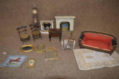 Box Lot of Doll House Items: Box Lot of Doll House Items: (2) metal fireplaces, metal chairs, wonderful grandfather's clock w/moving works & 6 candle chandelier