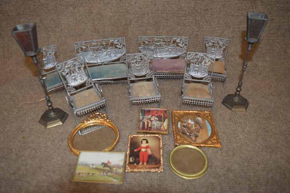 Group of Doll House Furniture etc.: Group of Doll House Furniture etc. to inc: 7 Pc set of 1910 (2) settees, 5 chairs, & rockers, pr of brass standing torchier lamps, misc. brass framed doll house prints, & mirrors etc