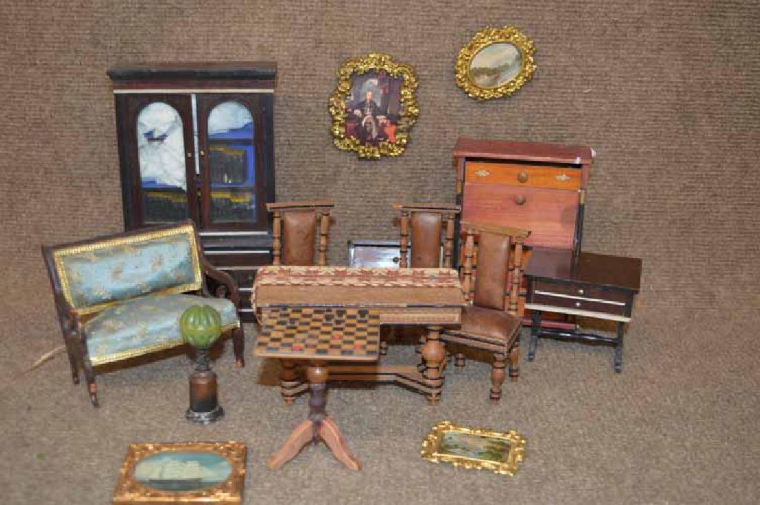 Box Lot of Doll Hosue Furniture: Box Lot of Doll House Furniture to inc: leather doll house sofa & chairs, Abbatant secretary desk, Leather chair & sette set, (2) drwr stand, small chess table, accessories to inc: brass doll house fr