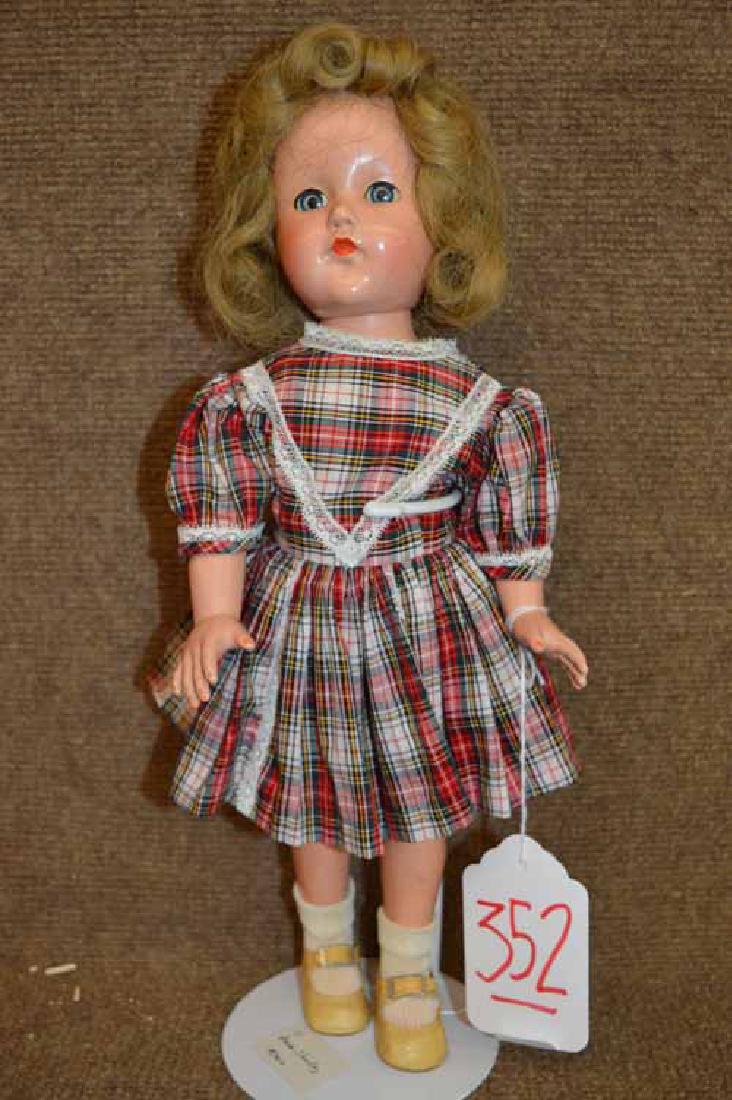 15" Effanbee Compo "Anne Shirley": 15" Effanbee Compo Anne Shirley, blue sleep clear & in good conditon w/expected wear, eyelashes, dark blonde Human Hair wig, red, green yellow, white plaid dress, cream oil cloth shoes, white socks