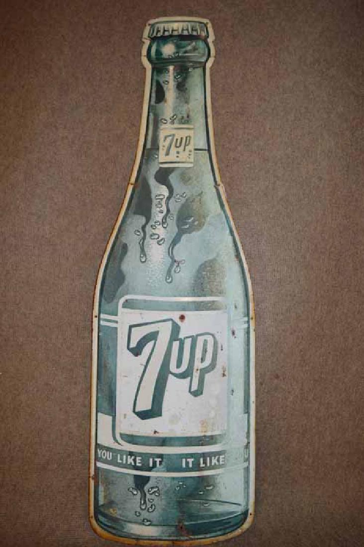 7-UP BOTTLE SIGN: 1942 TIN 7 UP DIE CUT BOTTLE SIGN