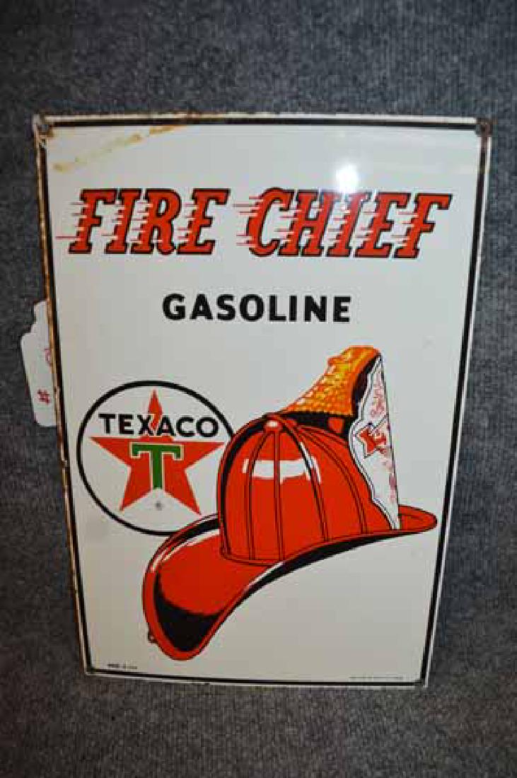 TEXACO SIGN: TEXACO FIRE CHIEF 1986 PORCELAIN SIGN BY ANDY ROONEY CO.