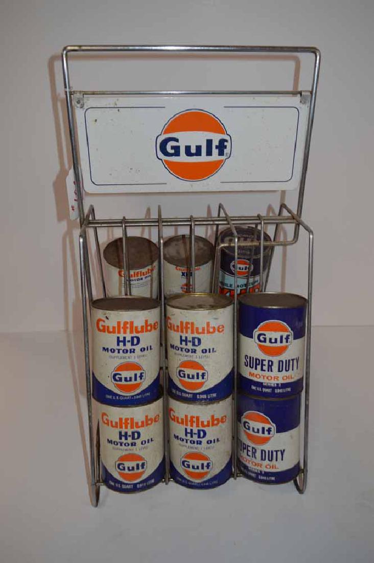 TIN GULF OIL RACK W/ 13 "SOME FULL" GULFLUBE OIL CANS