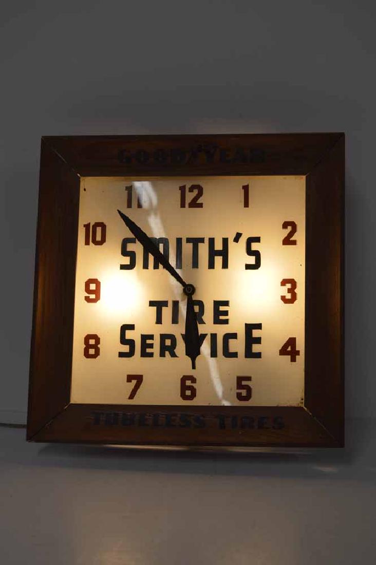 SMITHS TIRE SERVICE GOODYEAR WOODEN SQUARE CLOCK (1 of 3)