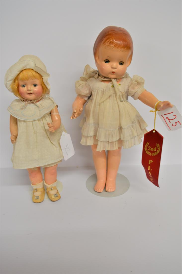 (2) COMPOSITION DOLLS: (2) COMPOSITION DOLLS TO INC: 19" EFFANBEE PATSY-ANN DOLL - WEARING ORIG. FADED & SPOT STAINED DRESS, BONNET & UNDERGARMENTS - 16" AMERICAN CHARACTER DOLL "ELLIE"- WEARING ORIG. WHITE DRESS AND UNDER