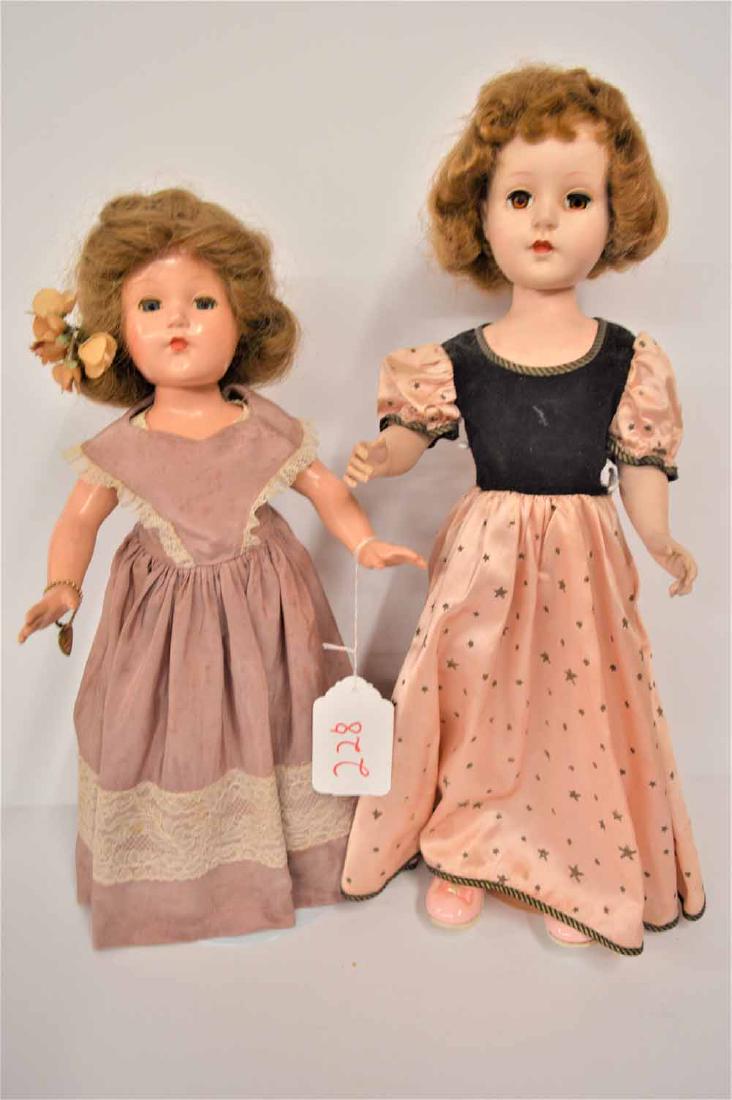 (2) HARD PLASTIC DOLLS: (2) HARD PLASTICS TO INC: 18" EFFANBEE WITH LIGHT BROWN HAIR, BLUE SLEEP EYES, HAS BRASS HAND TAG WEARING VINTAGE LAVENDER DRESS W/UNDERSLIP & MATCHING PANTIES - 21" UNMARKED WALKER W/BROWN O/C EYES,
