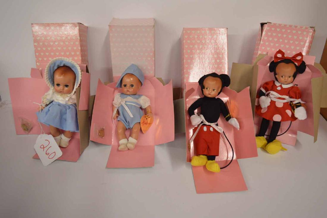 (4) EFFANBEE DOLLS: GROUPING OF (4) EFFANBEE DOLL CLASSICS TO INC: PATSY BABYETTE GIRL #V550, PATSY BABYETTE BOY #V550, PATSYETTE MICKEY MOUSE #V952 & PATSYETTE MINNIE MOUSE #V952 - ALL IN ORIGINAL OUTFITS, ORIGINAL BOXE