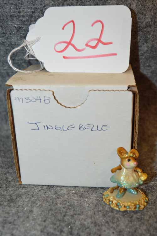 M-304B "JINGLE BELLE': WEE FOREST FOLK BY THE PETERSEN FAMILY: M-304B "JINGLE BELLE' IN BLUE & WHITE DRESS, DATED 2003, 1 1/2" IN EXCELLENT CONDITION