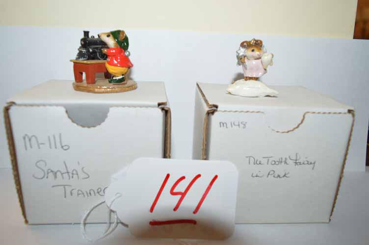 M148 THE TOOTH FAIRY & M116 SANTA'S TRAINEE: (2) WEE FOREST FOLK FIGURES IN SHIPPING BOXES TO INC: M148 "THE TOOTH FAIRY" SIGNED AP NO DATE 1 1/2"H IN PINK DRESS & M116 "SANTA'S TRAINEE" 1984 WP 1 1/2"H RED COAT W/GREEN HAT EXCELLENT CONDITION