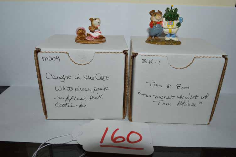 M-209 CAUGHT IN THE ACT & BK-1 TOM & EON: (2) WEE FOREST FOLK BY THE PETERSEN FAMILY TO INC: "CAUGHT IN THE ACT" M-209 - DATED 1995 - WHITE DRESS, PINK RUFFLES, PINK COOKIE JAR IN GREAT CONDITION AND "TOM & EON" FROM "THE SECRET FLIGHT OF TOM