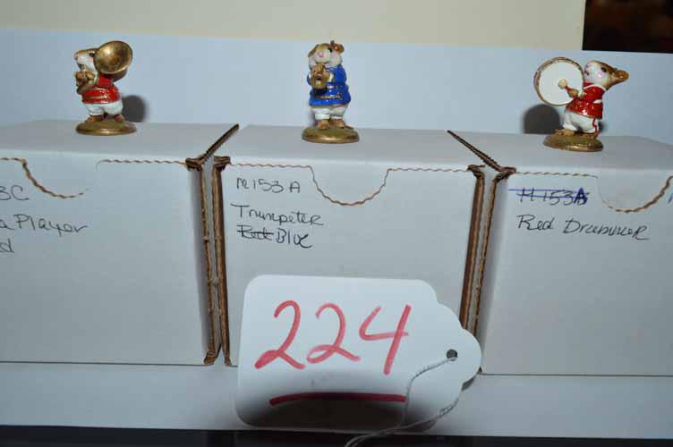 M-153A TRUMPETER & M-153B DRUMMER & M 153C TUBA PLAYER: (3) WEE FORET FOLK BY THE PETERSEN FAMILY TO INC: M-153A "TRUMPETER" DATED 1987 (WP) BLUE COAT, LEGS APPEAR TO HAVE BEEN GLUED & HAS CHIP IN LEFT EAR- M-153B "DRUMMER" NO DATE (INTRODUCED 1987-RETIRED