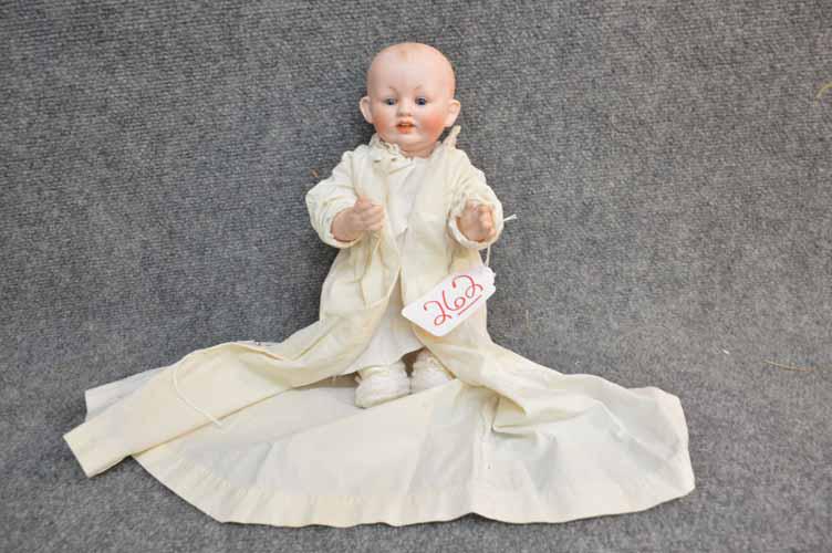 FRANZ SCHMIDT DOLL: 14" BISQUE HEAD BABY ON COMPO 5 PC BENT LIMB BODY, MARKED FS & CO 1271/35Z DEPONIERT" (FRANZ SCHMIDT & CO.) BLUE FIXED EYES, O/M W/2 TEETH, WEARING LONG WHITE DRESS W/WHITE UNDER SLIP, PANTIES AND BOO