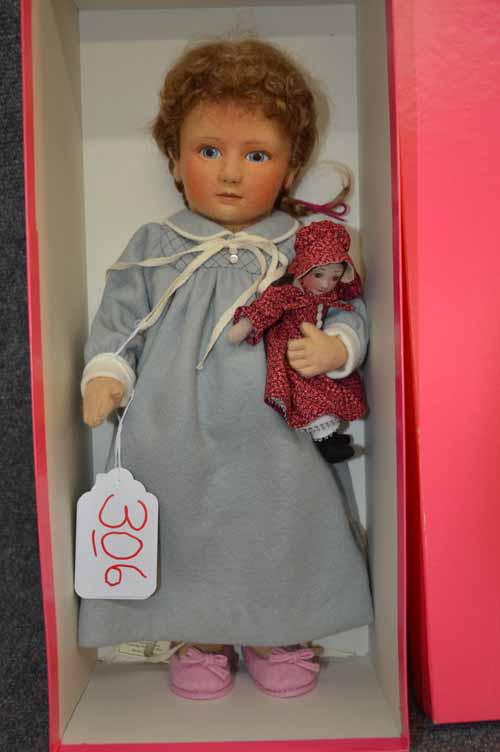 R. JOHN WRIGHT DOLL: R. JOHN WRIGHT BABES IN TOYLAND "ROSEMARY" IN ORIGINAL BOX; 16"H WEARING GREY FLANNEL NIGHTGOWN W/DOLL - EDITION 46/50