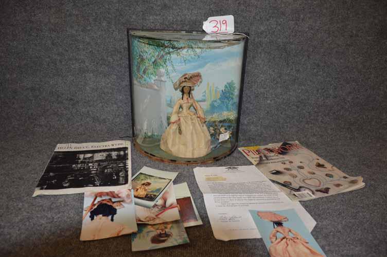 HELEN BRUCE DIORAMA: HELEN BRUCE DIORAMA W/MILLINERS MODEL DOLL MADE FOR ABBIE ALDRICH (ORIGINAL LABEL ON BACK) WITH REFERENCE PAPERS