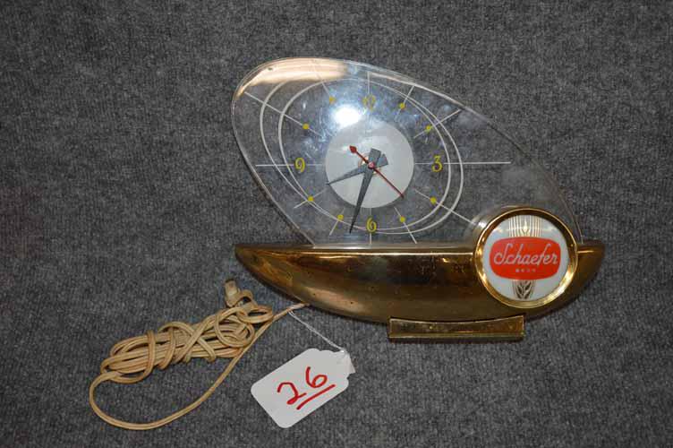 ATOMIC SAILBOAT BEER CLOCK: MID-CENTURY ATOMIC SAILBOAT SCHAEFER BEER CLOCK - MEASURES 12" L X 9" H - HAS SOME SCRATCHES - WORKS & LIGHTS UP