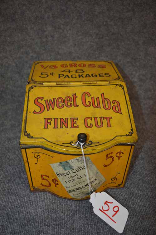 TIN SWEET CUBA TOBACCO CANISTER: TIN SWEET CUBA FINE CUT TOBACCO CANISTER, 11"D X 8"W X 8"H