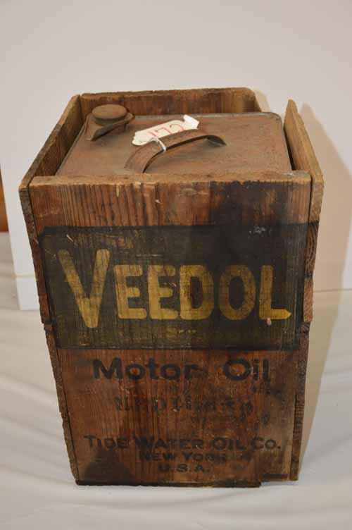 VEEDOL WOODEN CRATE W/ SOCONY CAN: VEEDOL WOODEN ADVERTISING CRATE W/ 5 GALLON SOCONY CAN W/ PAPER LABEL 15 1/2"H X 10 3/4"W X 11 1/2"D