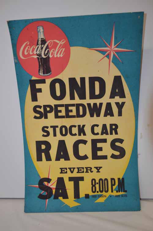 FONDA SPEEDWAY STOCK CAR POSTER: FONDA SPEEDWAY STOCK CAR RACES EVERY SAT. 8 PM FEATURING A COKE BOTTLE CARDBOARD POSTER 13 1/4" W X 21 1/2"H