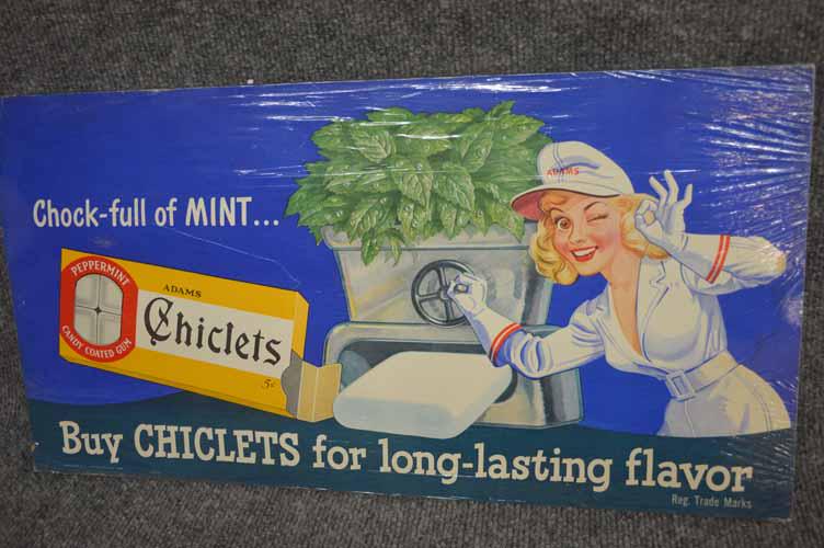 CHICLETS GUM SIGN: CHICLETS GUM CARDBOARD 1947 CARDBOARD ADVERTISING SIGN