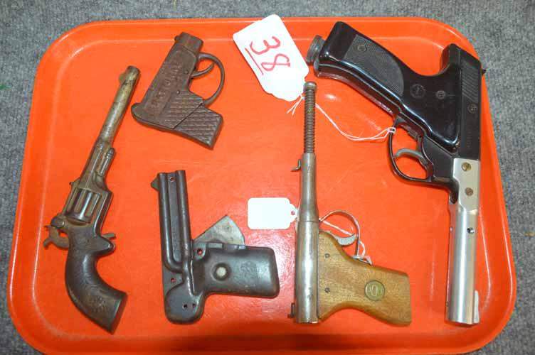 BB, CAP & POP PISTOLS: COLLECTION OF BB PISTOLS, (2) CAST IRON CAP GUNS, TIN POP GUN - JAPANESE BB PISTOL, PLAINSMAN .175 PELLET PISTOL