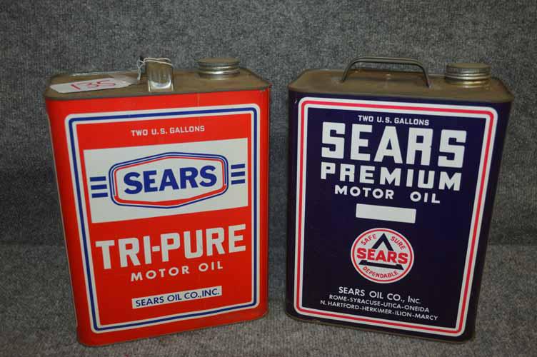 (2) SEARS OIL CANS: (2) 2 GALLON SEARS MOTOR OIL CANS TO INC: "TRI-PURE" MOTOR OIL SEARS OIL CO. INC & PREMIUM MOTOR OIL