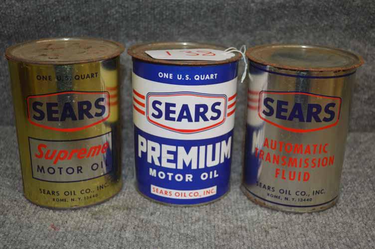 (3) SEARS OIL CANS: (3) SEARS 1QT OIL CANS TO INC: SUPREME MOTOR OIL ; AUTOMATIC TRANSMISSION FLUID & PREMIUM MOTOR OIL