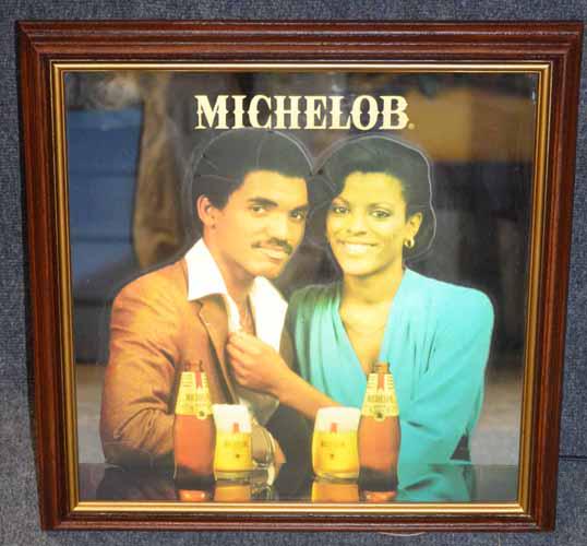 MICHELOB BEER SIGN: MICHELOB BEER LIGHT UP MIRRORED ADVERTISING SIGN W/ RARE BLACK COUPLE