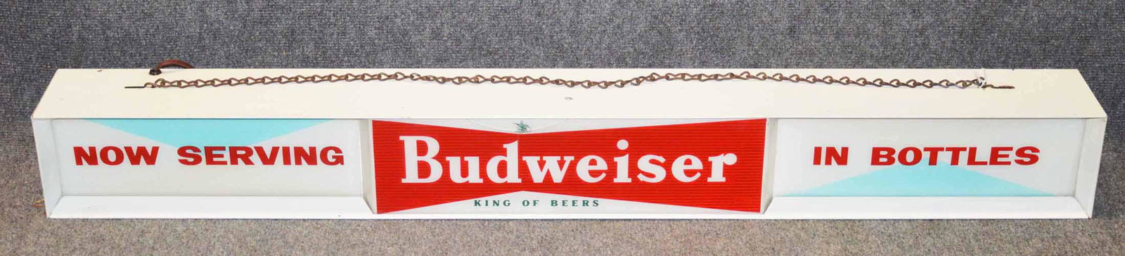 BUDWEISER SIGN: "NOW SERVING BUDWEISER IN BOTTLES" LIGHT UP ADVERTISING SIGN