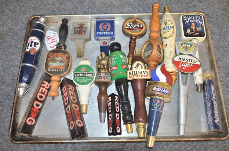 BEER TAP HANDLES: COLLECTION OF BEER TAP HANDLES INCLUDING MILLER LITE, FOSTERS, STROH'S, RED DOG, HEINEKEN, KILLIAN'S, AMSTEL, SAM ADAMS, ETC