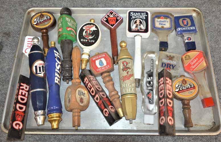 BEER TAP HANDLES: COLLECTION OF BEER TAP HANDLES INCLUDING MILLER LITE, FOSTERS, STROH'S, RED DOG, BUSCH, MOLSON, LABATT'S, MILLER HIGH LIFE,, ETC