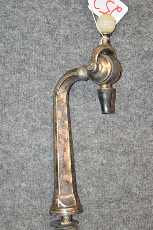BEER TAP DISPENSER: ANTIQUE BEER SPOUT TAP DISPENSER W/ SILVERPLATED FINISH & ALABASTER BALL HANDLE