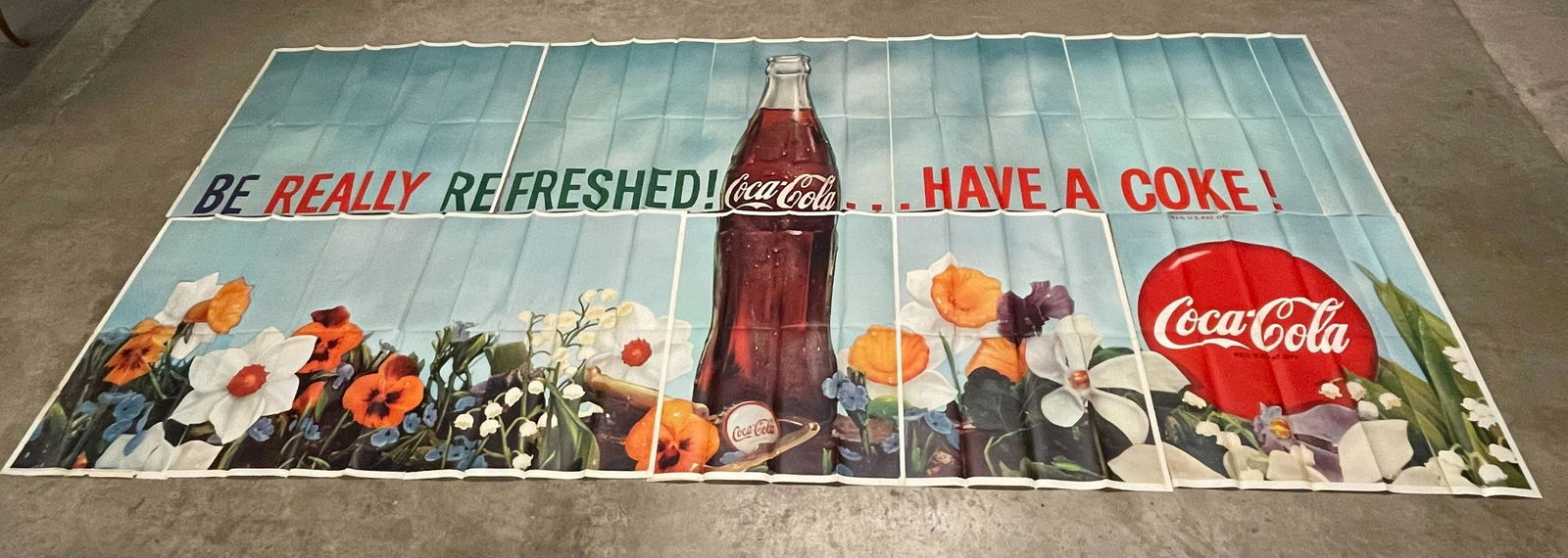 1959 COCA COLA PAPER BILLBOAD SIGN: UNUSED 1959 COCA COLA "BE REFRESHED HAVE A COKE!" PAPER BILLBOAD SIGN 8'6" X 19', MADE BY EDWARDS & DEUTCH CO DATED 1959; PAPER BILLBOARD COMES IN 15 SECTIONS, BY U.S. LITHO CO.