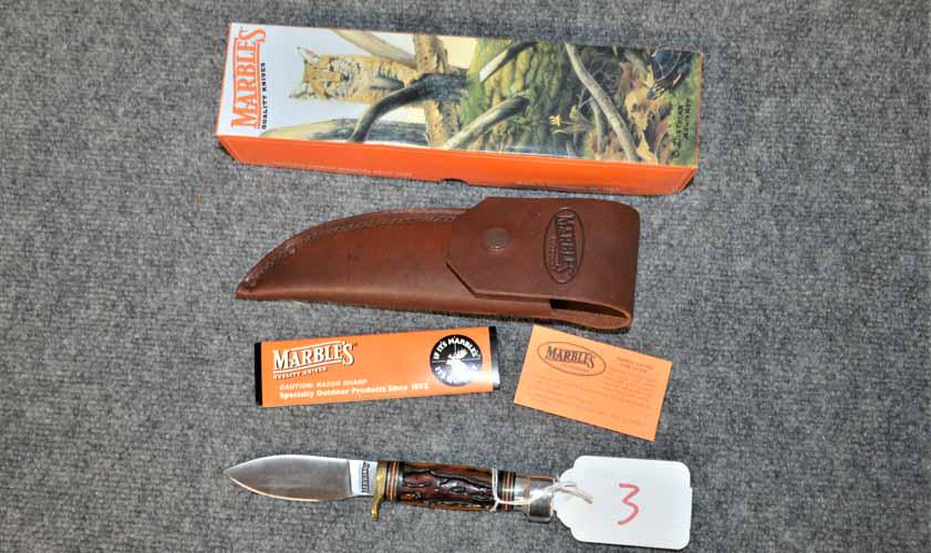 MARBLES KNIFE: MARBLES SPORT KNIFE #80402 - WITH JIGGED BONE HANDLE - 8" LONG WITH LEATHER SHEATH AND ORIGINAL BOX
