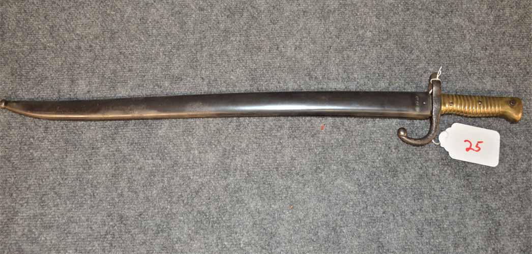 FRENCH BAYONET: FRENCH BRASS HANDLED 1873 BAYONET W/ SCABBORD
