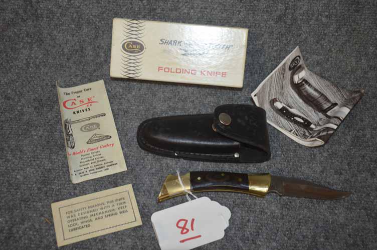 CASE XX KNIFE: CASE XX SHARK TOOTH FOLDING KNIFE WITH WOODEN HANDLE, #5197LSSP, 8 1/2" LONG WITH LEATHER SHEATH AND ORIGINAL BOX