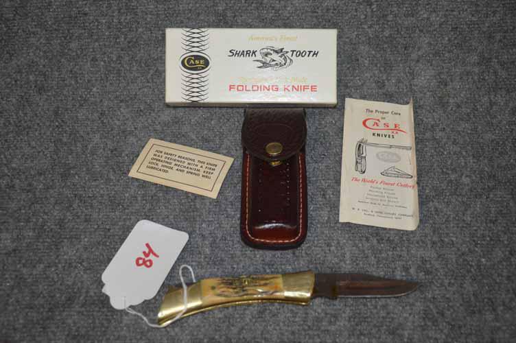 CASE XX KNIFE: CASE XX SHARK TOOTH FOLDING KNIFE WITH STAG HANDLE, #5197LSSP, 8 1/4" LONG WITH LEATHER SHEATH AND ORIGINAL BOX