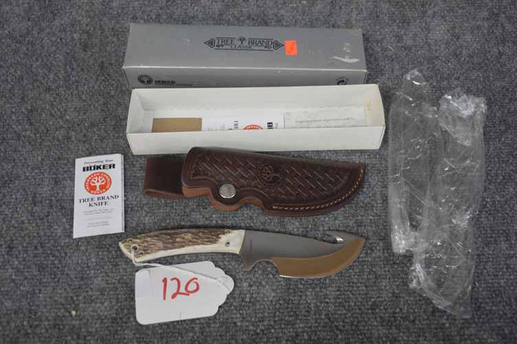BOKER KNIFE: BOKER FIXED BLADE GUT HOOK SKINNING KNIFE - 8 1/2" LONG WITH STAG HANDLE - HAS LEATHER SHEATH AND ORIGINAL BOX- MODEL 520H