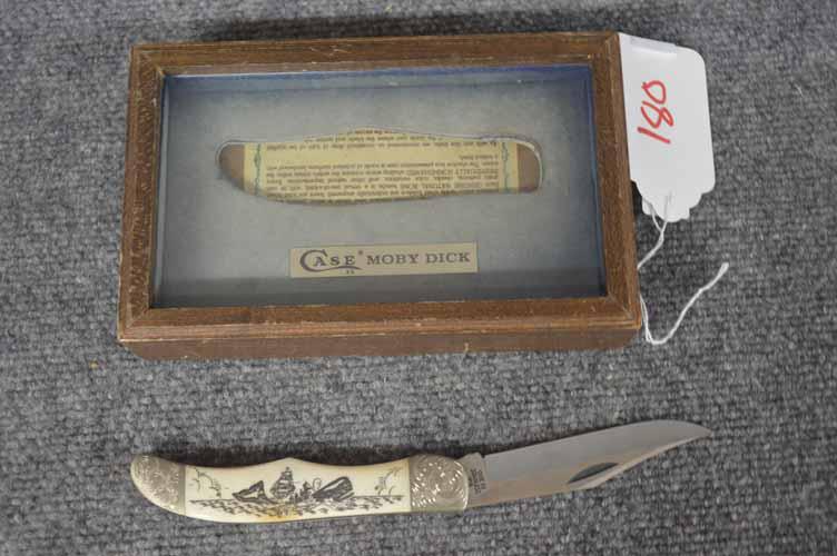 CASE XX KNIFE: CASE XX MOBY DICK FOLDING KNIFE #W165SSP -SER # A 1837 - 9 1/4" LONG - ENGRAVED BOLSTERS, SCRIMSHAWED WHALE SCENE WITH WOODEN AND GLASS DISPLAY CASE WITH CERTIFICATION